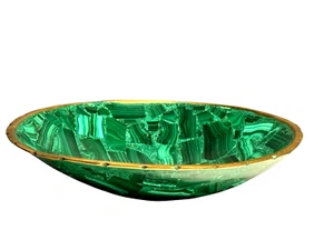 Vintage Trinket Dish Bowl Real Malachite Natural Stone Brass Green Small - Picture 1 of 14