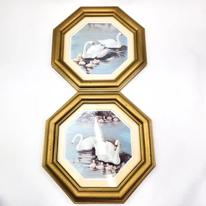 Vintage Home Interiors Homco Swan Pictures 1980s Octagon Gold Plastic Frame Pair - Picture 1 of 10