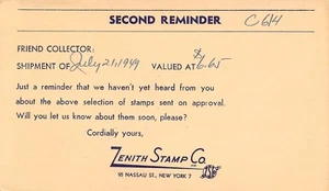 New York City~Zenith Stamp Company~2nd Reminder~Remit For Approvals 1949 Postal - Picture 1 of 2