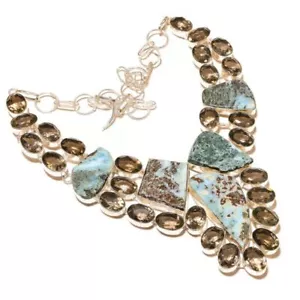 Caribbean Larimar, Smoky Quartz Oval Cut Gemstone Handmade Statement Necklace - Picture 1 of 4