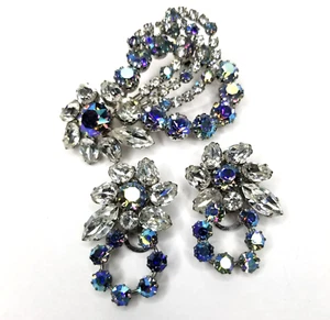 Austrian Rhinestone Brooch Earrings Set Layered Flower AB Blue Clear BIG Vintage - Picture 1 of 12