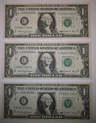 3 sequentially numbered $1 1988A Web Notes Philadelphia UNCIRCULATED 67+ GRADE - Image 1 of 4