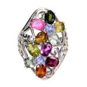 925 Anillo Plata de Ley Ovalado Turmalina Tanzanita Piedras Flor Joyería Talla 8 - Imagen 1 de 13