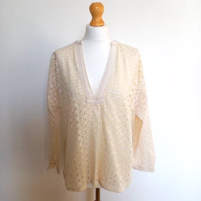 Chemisier bohème beige découpé broderie Zara M décontracté été - Photo 1/4