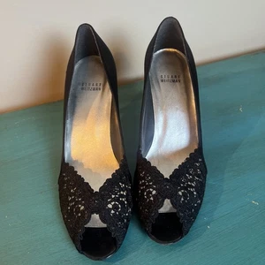 Stuart Weitzman Chantelle black lace peep-toe pumps Size 10 Made In Spain - Picture 1 of 9
