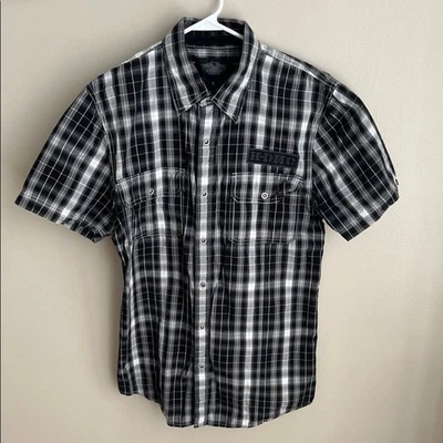 Harley Davidson Mens Large Shirt Black White Plaid Short Sleeve Snaps HDMC - Image 1 of 4