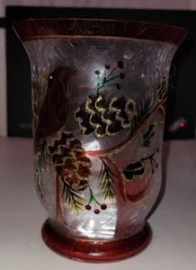 Christmas Crackle Hurrican Glass Candle Holder Bird Pinecones Tabletop Mantle - Picture 1 of 8
