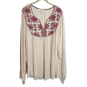 Nurture by Westbound Gauze Blouse 3X Ivory Pink Embroidered Cottagecore Boho NEW - Picture 1 of 8