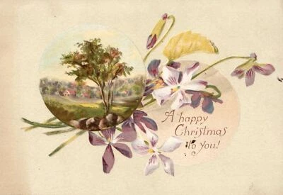 Flores blancas y moradas de los años 1880-90 ¡Feliz Navidad para ti! Tarjeta comercial 1889 Foto 1 de 2