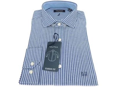Nautica 100% Soft Cotton Striped Dress Shirt Classic Fit Navy Blue 16 1/2 34/35 - Image 1 of 3