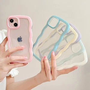 Candy Color Wavy Curved Clear Soft Phone Case For iPhone 15 14 13 12 11 Pro Max - Picture 1 of 18