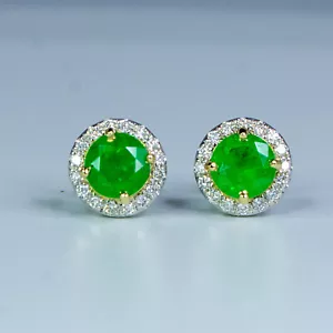 Round Colombian Emerald and Diamond Stud Earrings - Picture 1 of 2