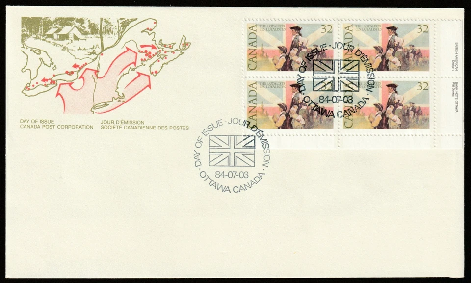 Canadá #1028, Leales al Imperio Unido, LR PB, Cubierta Oficial Primer Día, FDC 1984 Foto 1 de 1