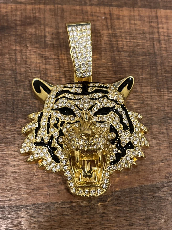 Iced Out Moissanite Stone Gold Plated Tiger Head Pendant Big Charm - Image 1 of 2