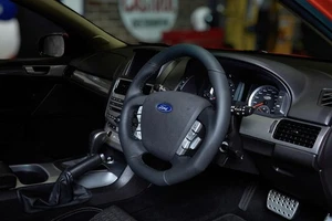 Retro Ford/FPV FG Falcon Steering Wheel Black Leather Black Stitch Flat Bottom - Picture 1 of 8