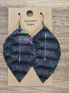 Handmade GENUINE Leather Feather Earrings Oil Slick Python 2" - Picture 1 of 1