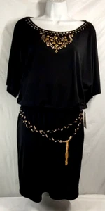 Thalia Sodi Dress Black Gold M Cold Shoulder Belt Stretch Embellished New NWT - Picture 1 of 15