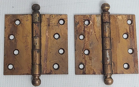 Lot of 2 Square Mortise Barn Door Ball Tips Hinge Satin Bright Brass Antique 4" Cover