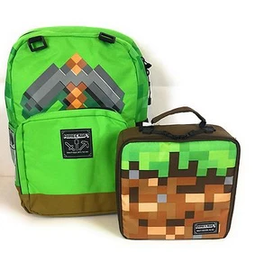 Mochila Minecraft 17" ""Espada Verde"" y Minecraft ""Bloque de Suciedad"" caja de almuerzo nueva con etiquetas - Imagen 1 de 4