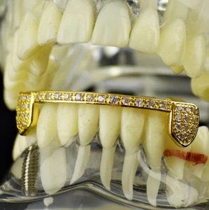 14k Gold Plated Half Grillz Bottom Flooded Out Blinged Iced Teeth Slim CZ Bar - Picture 1 of 6