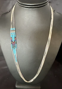 MultiColor Liquid Silver Heishi 5 Strand Sterling Tubes Necklace 25” 15137 - Picture 1 of 12