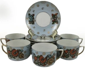 Vintage Floral China Set Coffee Tea Cups & Saucers Sugar Bowl Blue Gold Gilt - Picture 1 of 8