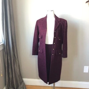 Vintage Burgundy Tweed 2 PC Skirt Suit Long Blazer & Pencil Skirt 12 - Picture 1 of 14