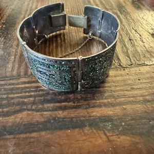 Margot De Taxco Sterling Blue Enamel Bracelet 5376 With Safety Chain Greek Key - Picture 1 of 8