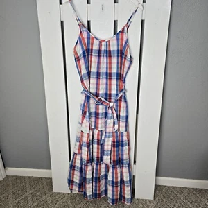 Peyton & Parker Plaid Tiered Midi Dress Blue Red Flowy XL 4th of July Picnic - Picture 1 of 7
