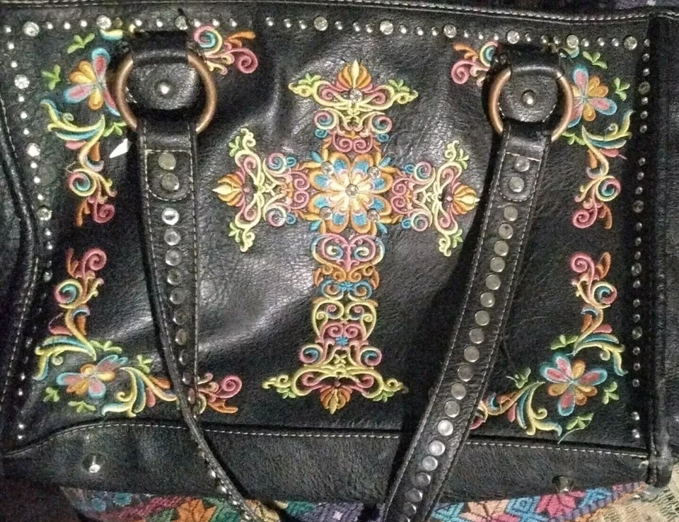Montana West Black Double Handled Large Purse Colorful Stiched Cross Studded  - Image 1 of 4
