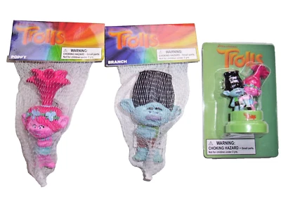 DREAMWORKS TROLLE MOHN UND ZWEIGE SQUIDGEY WEICHE FIGUREN + TROLLE STEMMER BRANDNEU IN VERPACKUNG