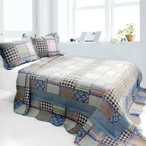 3 PC Mixed Feelings multi-pattern squares blue 100% Cotton Queen Quilt Shams - Picture 1 of 4