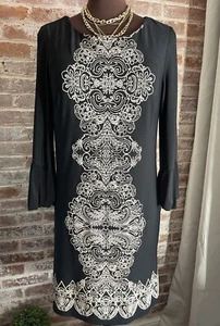 Madison Leigh Black White Floral Stamp Stretch Sheath Dress Bell Sleeve Size 10 - Picture 1 of 8