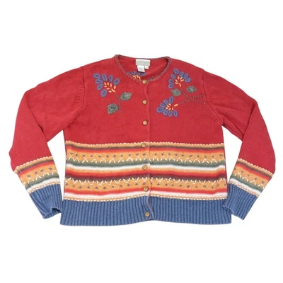 Vintage 90s Coldwater Creek Red Blue Floral Embroidered Cardigan Sweater L - Image 1 of 4