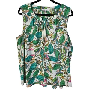 Rose + Olive Bluse Damen 1X Grün Multi Ärmellos Tropical Leaf Coastal Boho - Bild 1 von 8