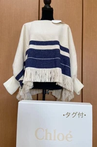 Chloe Poncho Blue Off White Womens TU One Size Wool Cotton Near mint Authentic - Picture 1 of 8