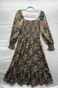 SheIn Damen Mehrfarbig Blumen Gesmoktes Kleid Größe 12 Normale Passform Langarm - Bild 1 von 22