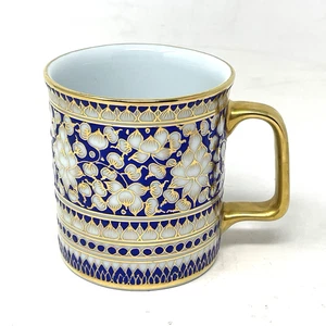 Thai Benjarong Mug Metallic Gold Blue Hand Painted Design Ornate Thailand Floral - Picture 1 of 24