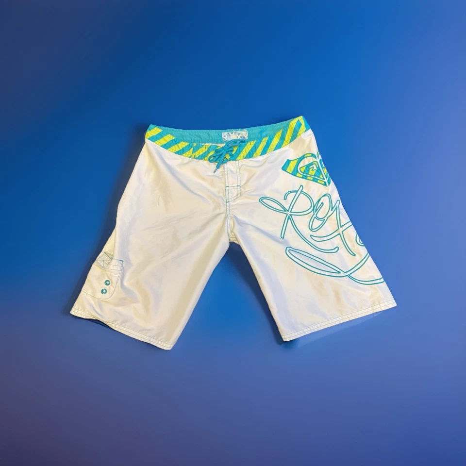Vtg Y2K Roxy Long Board Shorts White w/ Stripes 7 Beach Travel Swim Retro Surfer - Image 1 of 4