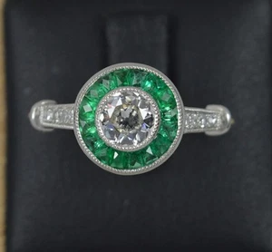 Art Deco Design Platinum Old Cut Diamond and Emerald Halo Target Engagement Ring - Picture 1 of 16