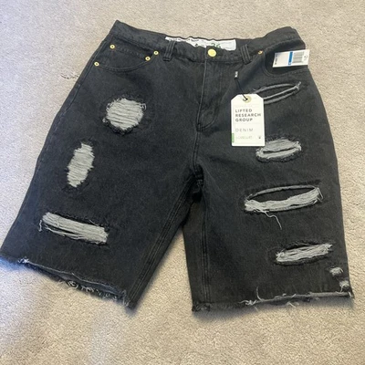 Men's LRG Lifted Research Group Distressed Black Denim Taper Jean Shorts 36 New - Image 1 of 4