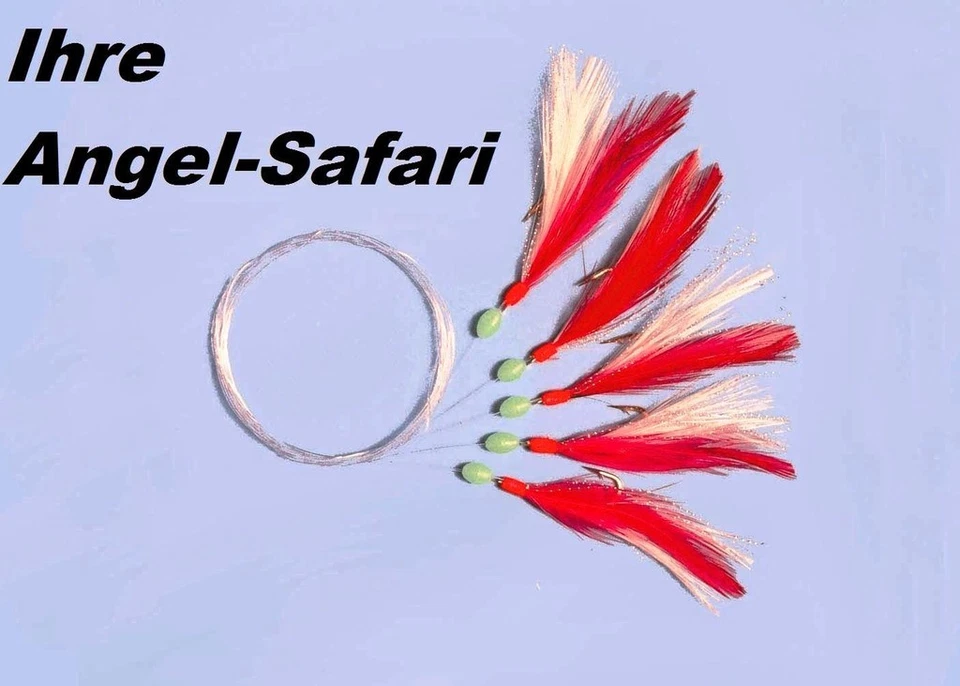 Makrelenvorfach 5 Haken Gr1/0 rote/weiße Federn, Glitterfäden Fluo Perlen 0,70er - Bild 1 von 1