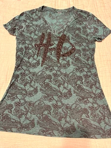 Harley Davidson Ladies Large, Teal Thin sheer patterened rhinestones Vneck Tee - Picture 1 of 7