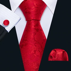 Cravatta uomo Barry Wang moda rossa floreale cravatta fazzoletto set gemelli festa - Foto 1 di 3
