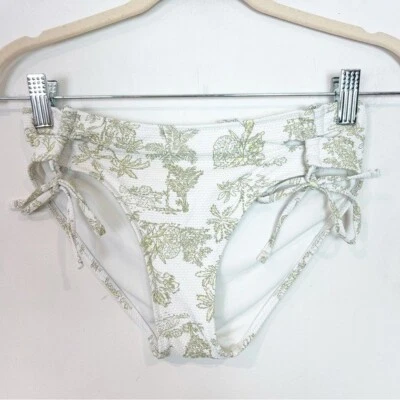 AERIE GREEN WHITE PRINT TIE SIDE BIKINI BOTTOMS WOMENS SZ SMALL - Image 1 of 4