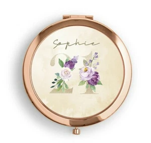 Specchio tascabile compatto oro rosa personalizzato regalo 21° compleanno viola floreale - Foto 1 di 3