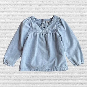 Gap Girls Classic Chambray Top Light Blue Gathered Long Sleeves Split Neck Sz 4 - Picture 1 of 11