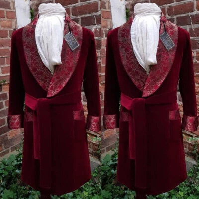 Chaqueta de terciopelo borgoña para hombre para fumar con cinturón chal solapa boda novio blazer Foto 1 de 4
