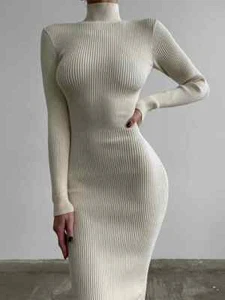 New Autumn Knitted Turtleneck Dress Women Long Sleeve Dresses Female Elegant - Picture 1 of 28