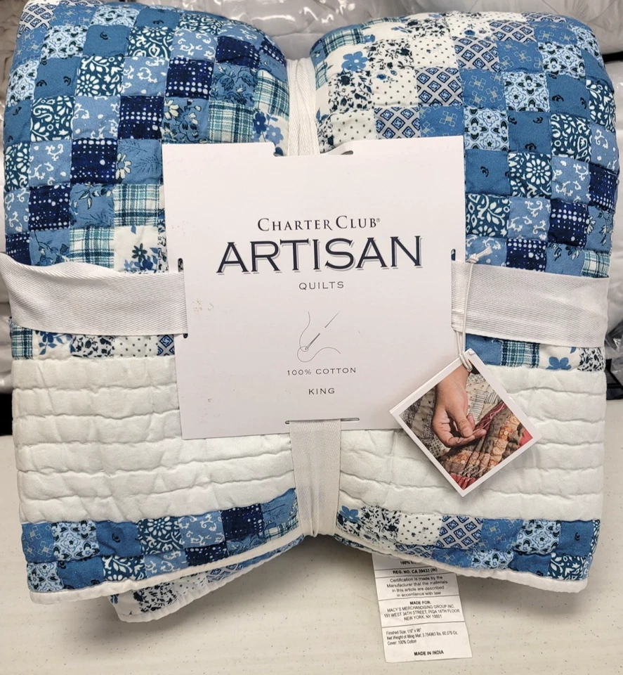 Edredón KING de algodón artesanal Charter Club Around the World azul - sin fundas de almohada Foto 1 de 4